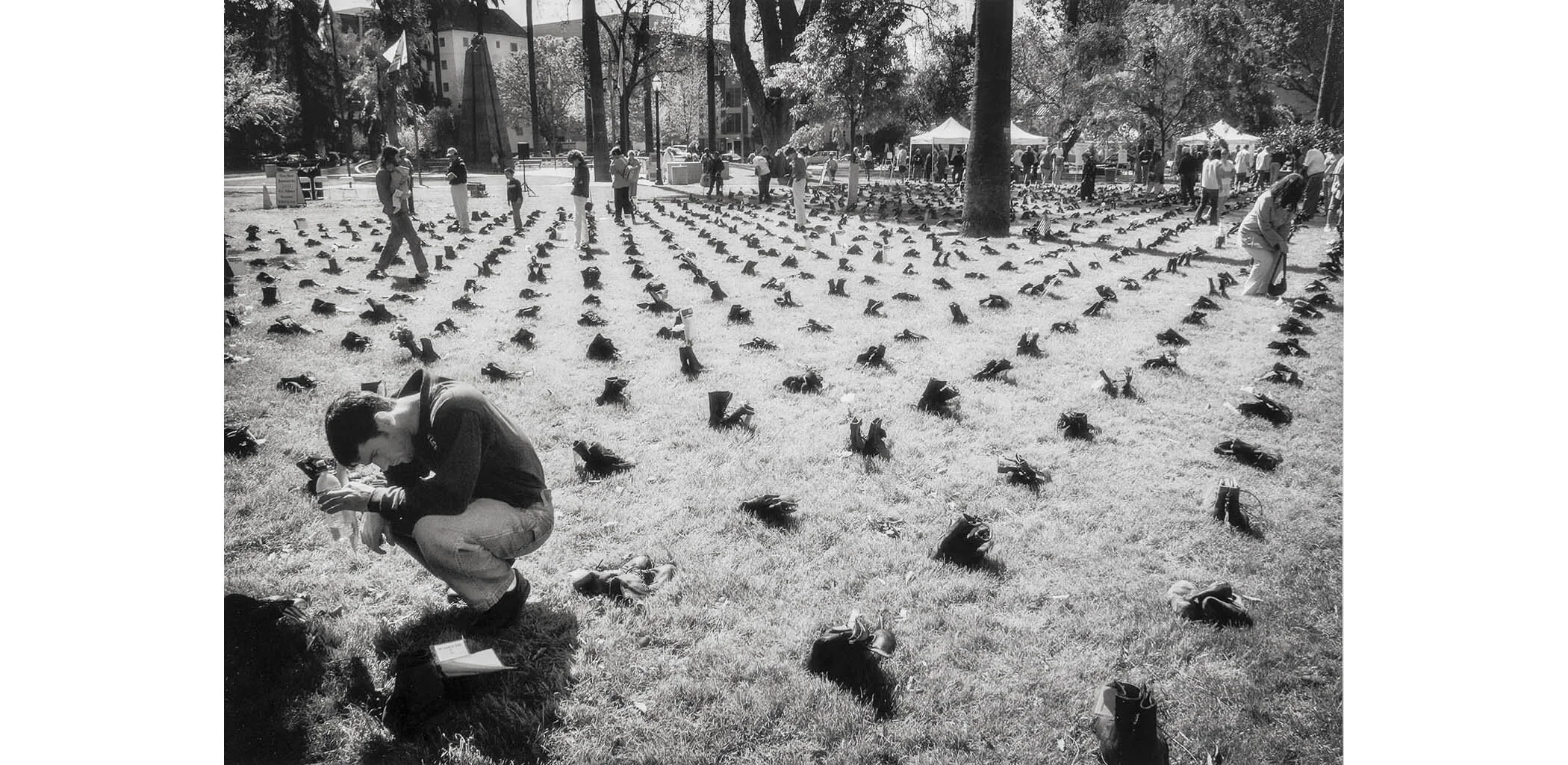 The Eyes Wide Open tour was designed to promote public awareness and reflection on the war. The most dramatic part of the exhibit was the placing, in strict military formation, of 2,000 pairs of combat boots representing the soldiers killed in the fi