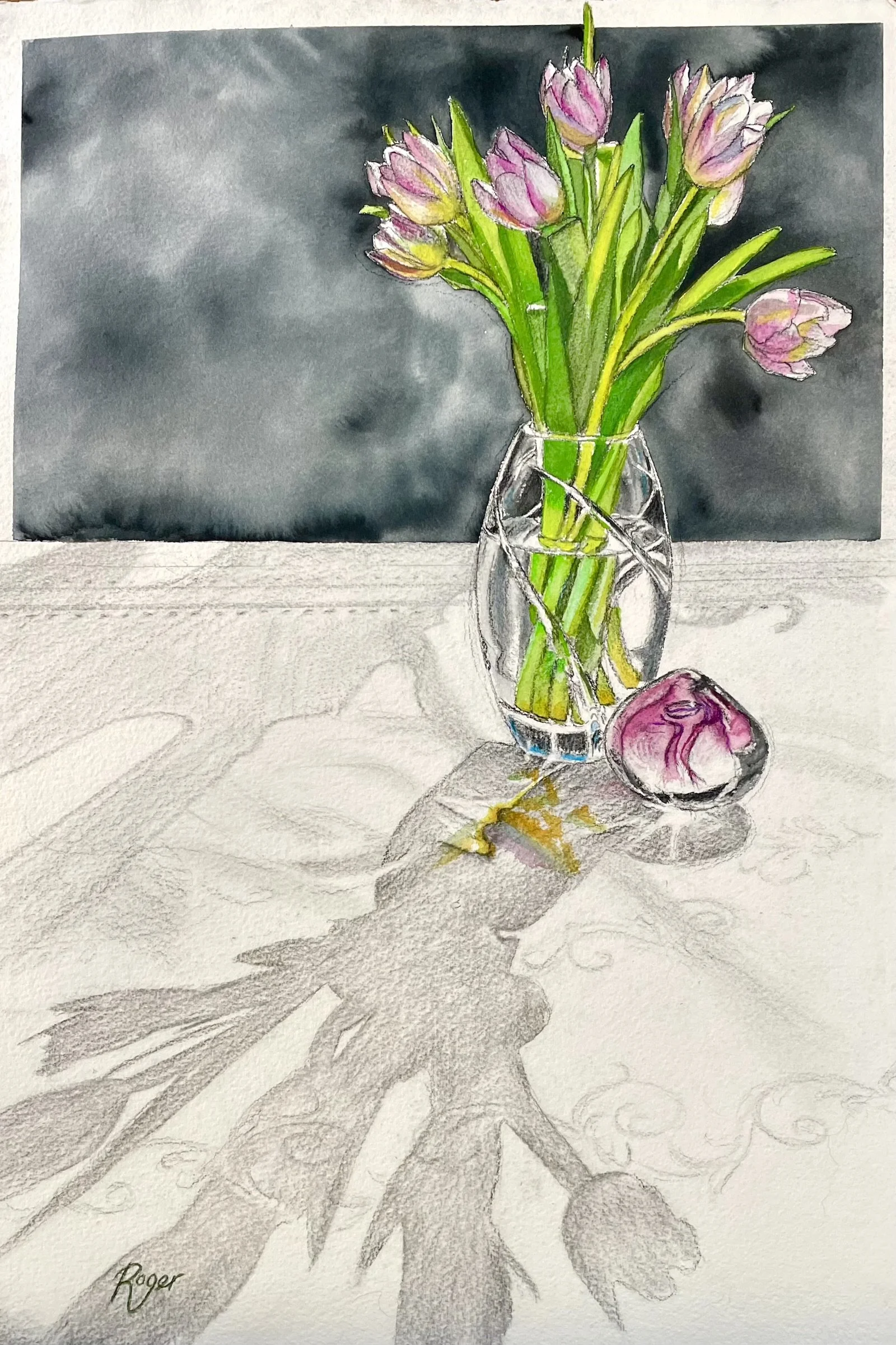 Pink Tulips and glass paperweight (SOLD)