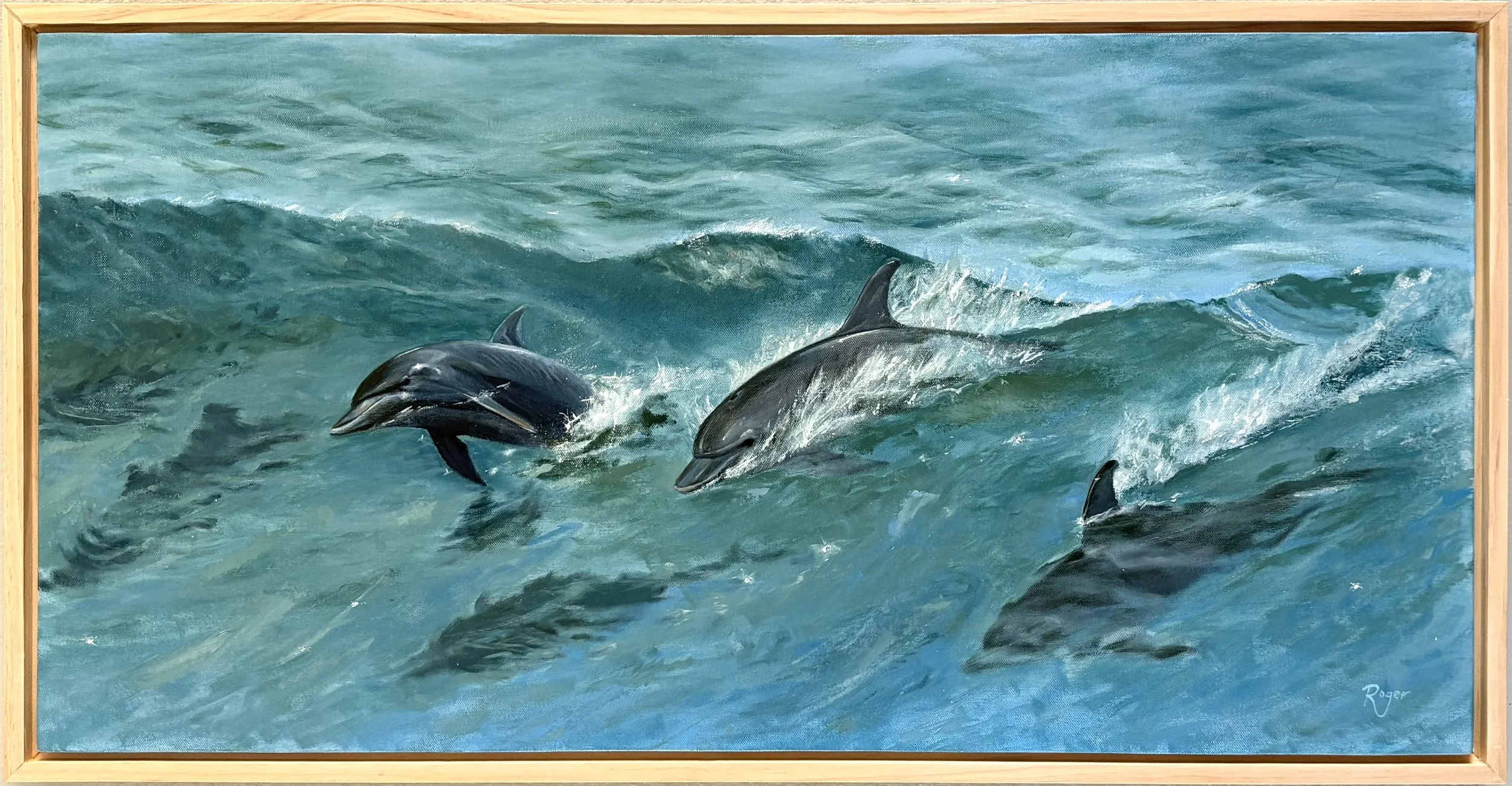 Dolphins Breaching Waves - 18"x32" (SOLD)