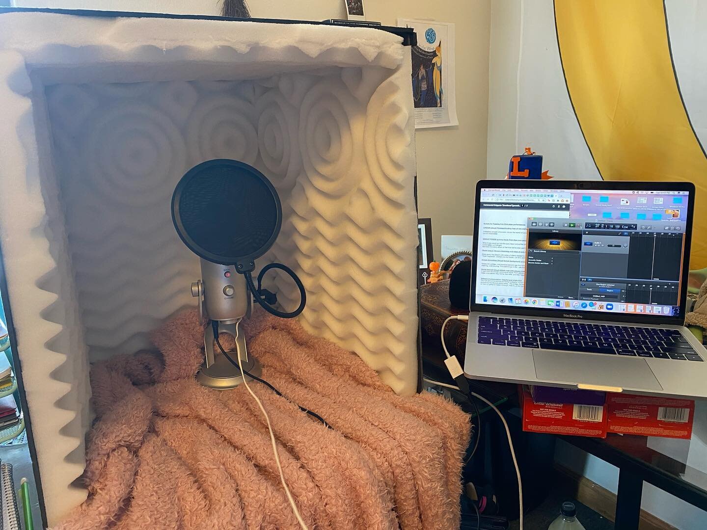 Every day I make more progress on my recording set up for my voiceover work! Today instead of the closet studio I set up, I tried this little sound box that my professor put together for us.