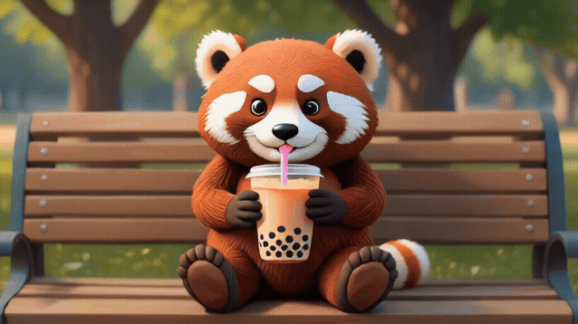 Adobe Firefly: cute claymation cartoon of a red panda full body sitting at eye level to the camera on a wooden bench in a park with detailed textured fur drinking boba tea with a straw. his cheeks get larger as he closes his mouth and sips on the str