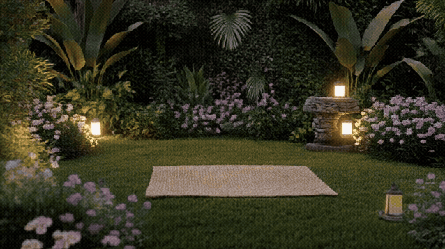 Adobe Firefly: Create an elegant and fluid animation where outdoor furniture and decorative glowing lights emerge in a beautiful lush garden with flowers and move smoothly into the environment. The scene begins with a completely empty grass lawn wit