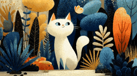 Midjourney: A clean and simple cartoon of small smiling blinking white cat with a butterfly in a garden at sunrise with bold, vibrant colors, simplified shapes, and a whimsical, childlike quality, in the style of mid-century artists Mary Blair and J.