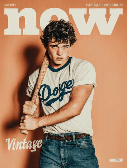 Midjourney: Hispanic fit teen male model wearing a vintage white and blue baseball t-shirt and blue jeans that have a cuff at the ankle, leaning and gently swinging a baseball bat, posing for fashion magazine cover. Background is light peach. "Vintag