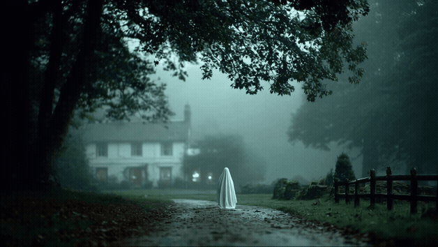Midjourney: Hauntingly ethereal video of a ghost young woman in a white gown floating down a path in the countrysde towards a gothic mansion in the distance with some fog. The scene is bathed in a soft, diffused light, reminiscent of twilight or an o