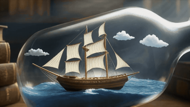 Adobe Firefly: A hyper-realistic miniature antique pirate ship gently rocks and sways on calm, shimmering blue ocean waves—all entirely contained inside a large, vintage glass wine bottle lying on its side. The video opens in extreme close-up: only t