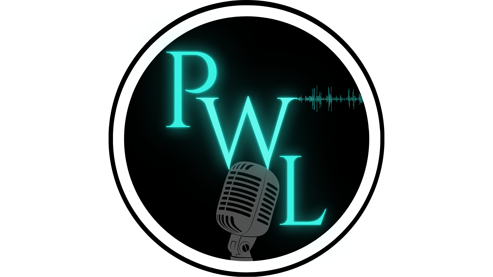 Neon logo for 'People Who Write' featuring a vintage microphone, glowing teal text, a sound wave, and a white circular border on a black background.