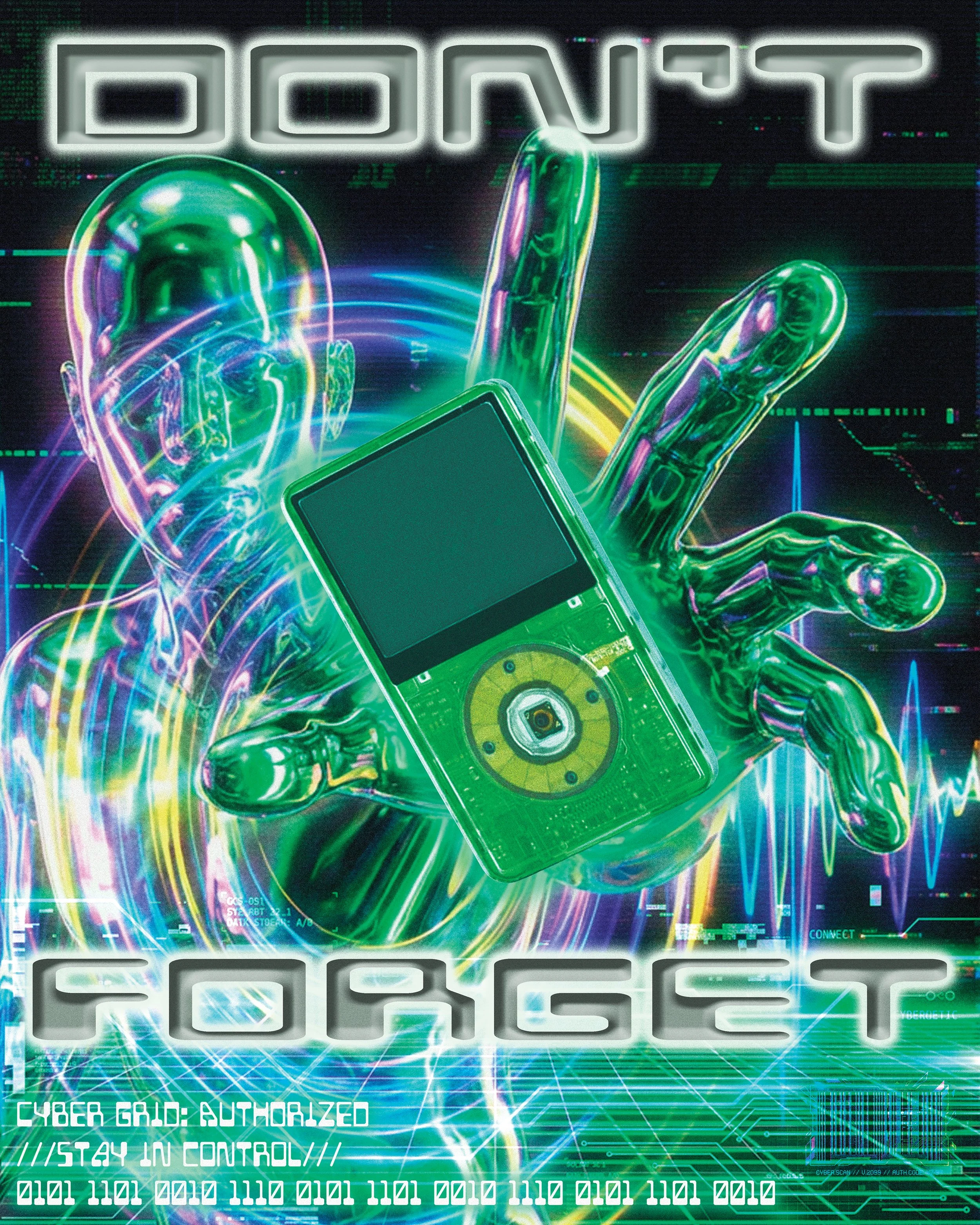 A futuristic digital artwork showing a holographic human face and hand reaching out, with a vintage flip phone in the foreground. The background features digital glitch effects, waveforms, and the words 'DON'T FORCE' in bold, glowing letters, with a 