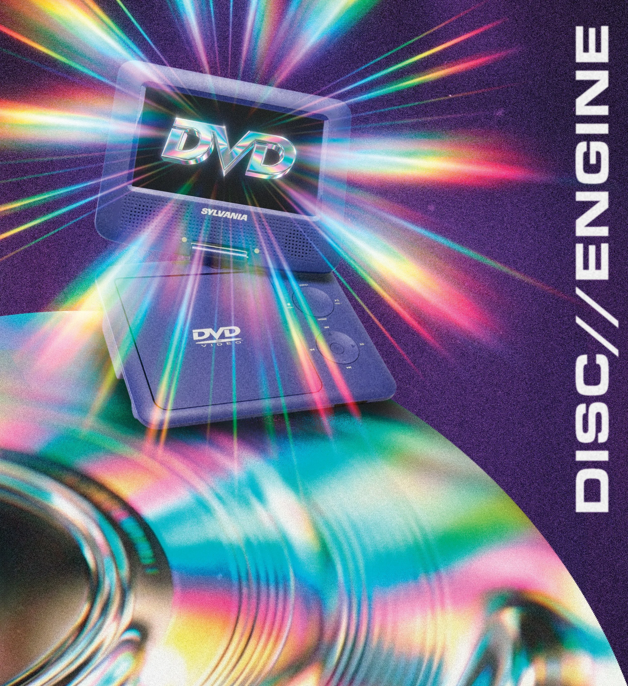 A portable DVD player with a purple body, displaying the DVD logo on its screen, connected to a disc with rainbow-colored reflections, surrounded by colorful light streaks, and with the text 'DISC//ENGINE' along the right side.