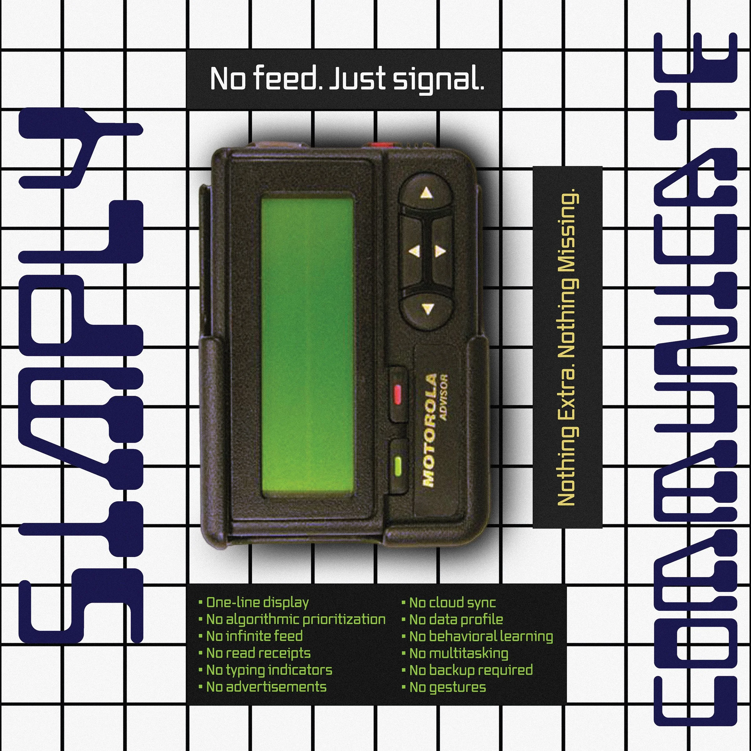 A Motorola Advior device with a green screen, surrounded by packaging that states "No feed. Just signal." and "Nothing Extra. Nothing Missing." The packaging highlights features like a one-line display, no algorithm prioritization, no infinite feed, 