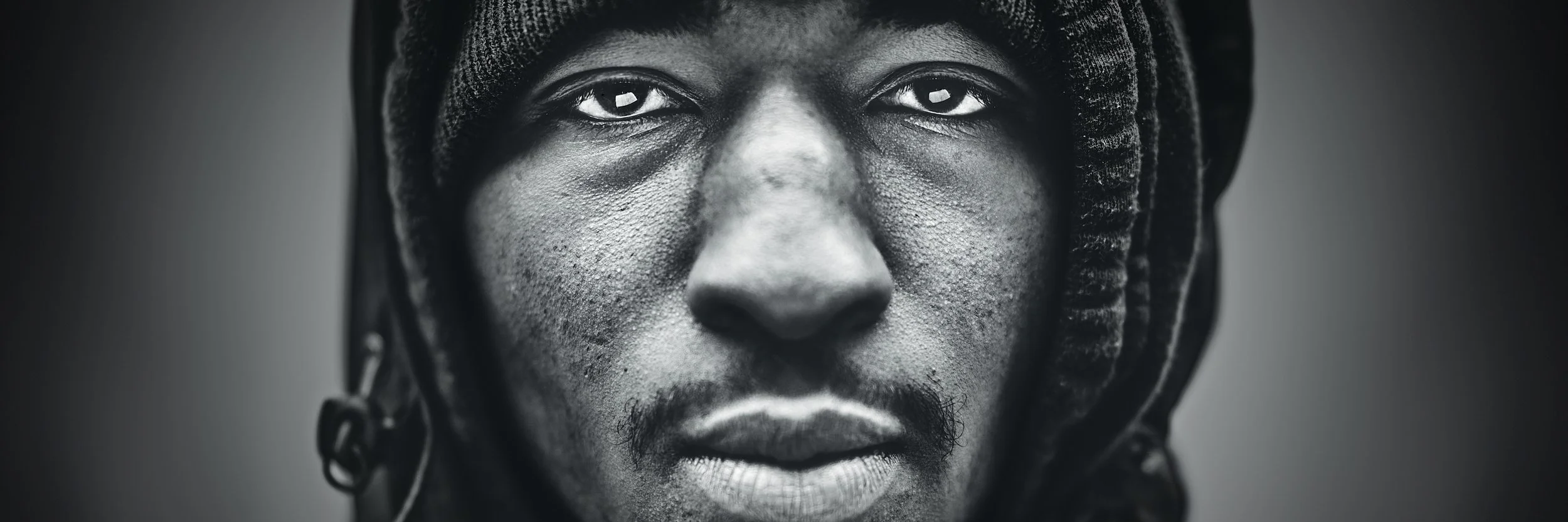 Close-up black and white portrait of a Black person with short dreadlocks, intense gaze, and facial features showing texture and expression.