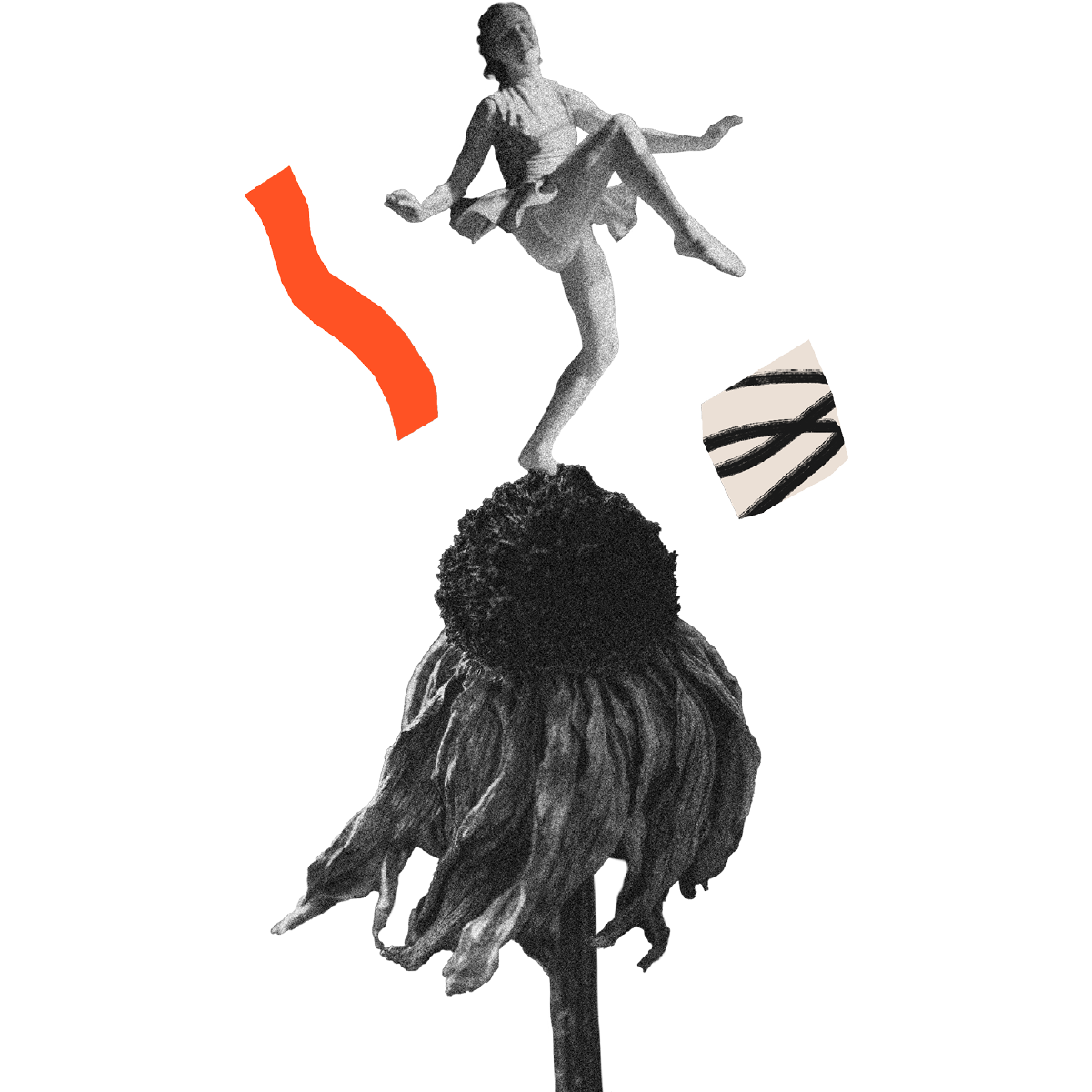 A dancer balanced on one leg on a giant flower head.