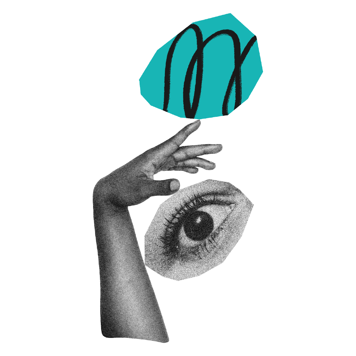 An arm, an eye and a shape, balanced on each other in an abstract arrangement.