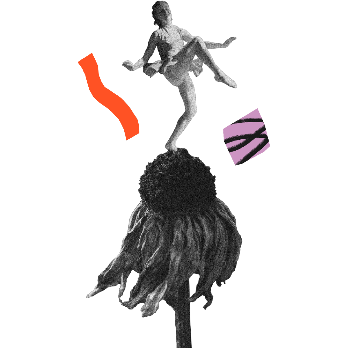 A dancer balanced on one leg on a giant flower head.