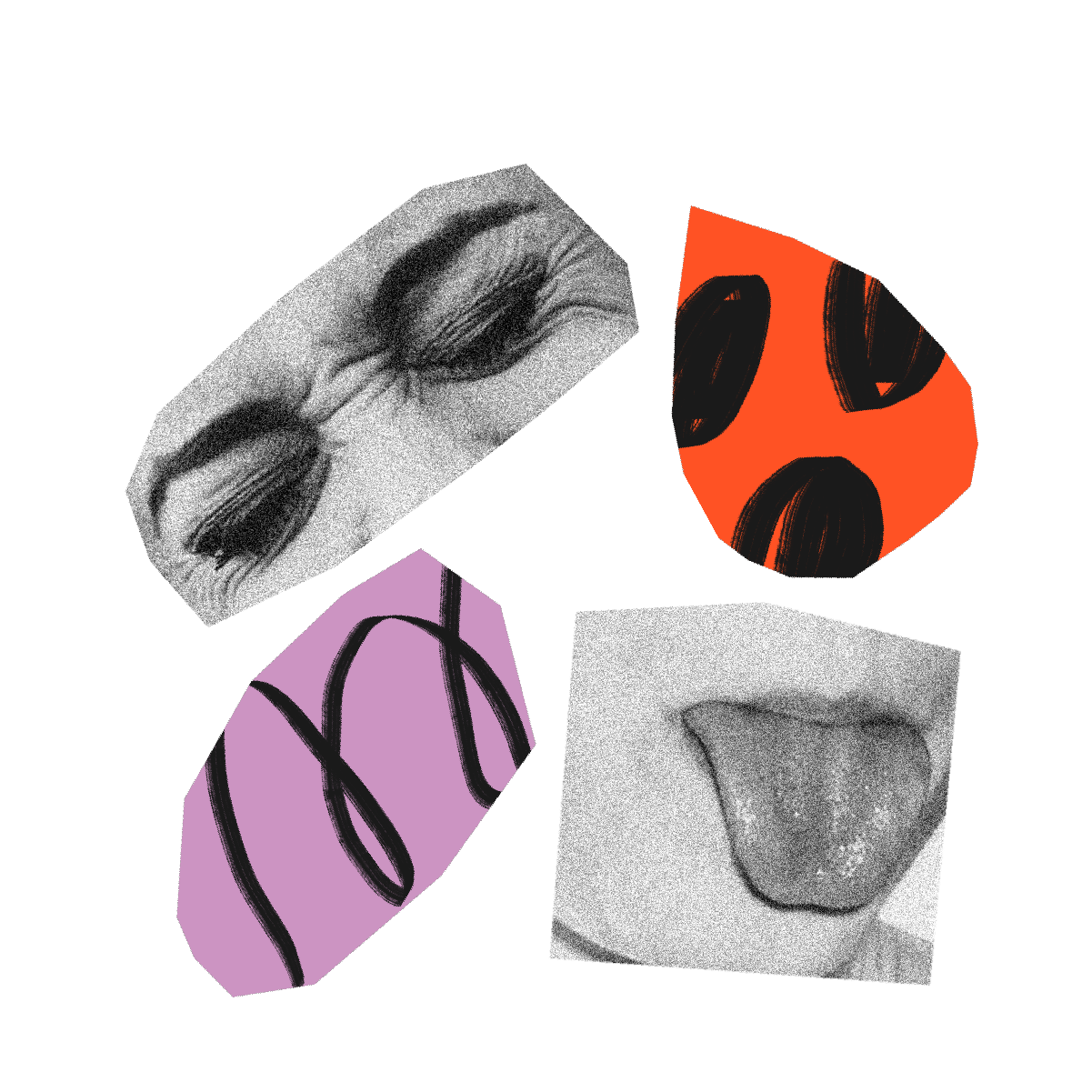 Some laughing eyes, a sticking out tongue and some shapes, scattered in an abstract arrangement.