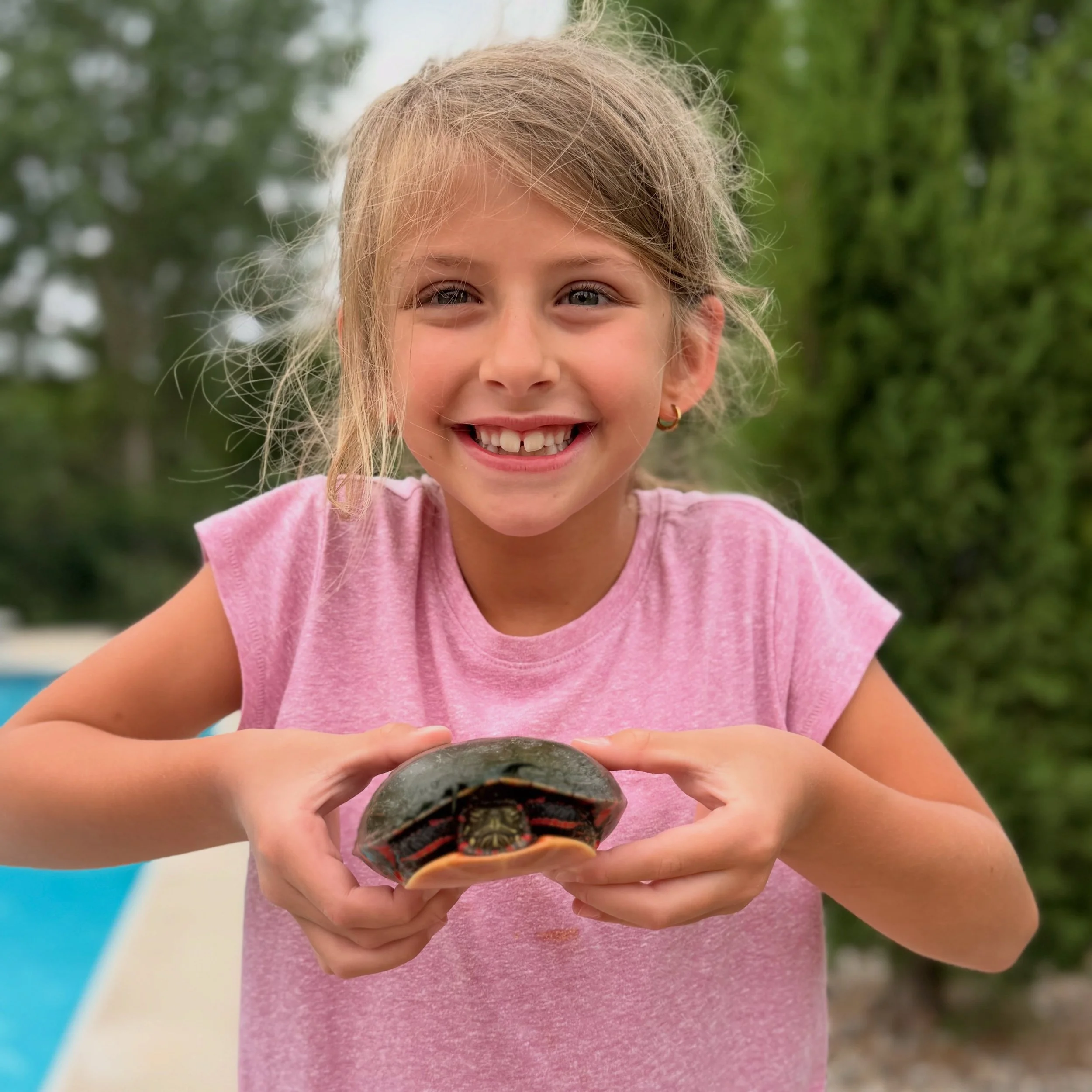 It&rsquo;s was a great day for our turtle loving girl when a little turtle found his way into the pool. 

He was appropriately named &ldquo;Speedzo&rdquo; for his swimming ability and agile moves to avoid the skimmer net. 🐢 Once he was fished out an