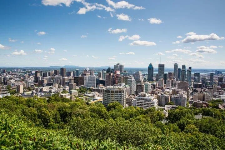 Montreal skyline with green foreground, skyscrapers, and cloudy blue sky..jpg