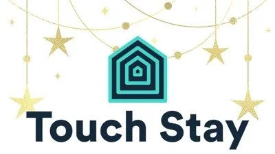 Touch Stay logo with stylized house icon in teal, surrounded by golden stars and decorative lines..