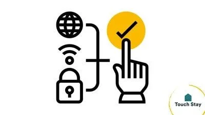 Icons for globe, Wi-Fi, lock, and hand touching checkmark, suggesting secure internet connection or online verification.