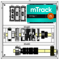 Diagram of a 30x60 foot industrial or transportation layout, featuring multiple large vehicles or containers, with a packaging or labeling area, and a computer or digital monitoring system labeled 'mTrack' in the upper right corner.