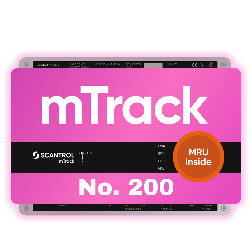 Pink electronic device labeled "mTrack No. 200" with a black band in the middle that has the brand name "Scantrol mTrack" and various technical labels, with an orange sticker indicating "MRU inside."
