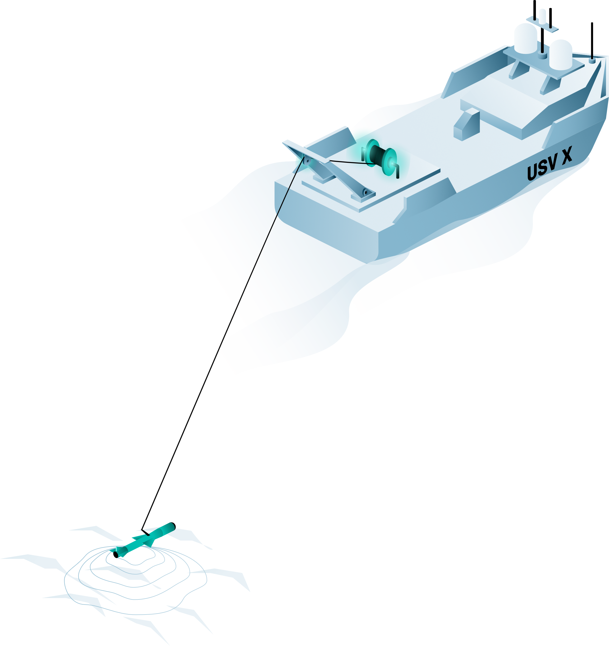 A spacecraft named USV-X navigating icy waters, with icebergs and a person in cold-weather gear on the ice.