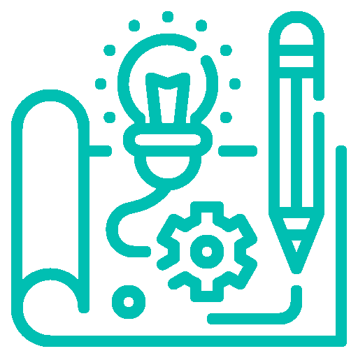 Icon representing innovation and ideas, including a light bulb, gear, pen, and tablet.