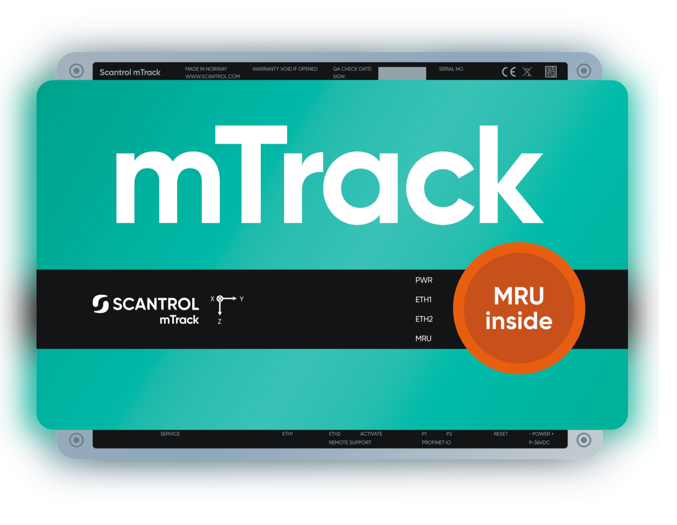 Close-up of a teal and black industrial electronic device labeled 'mTrack AHC Controller' with a large orange circle that says 'MRU inside'. The device displays various ports, labels, and icons and a serial number field.