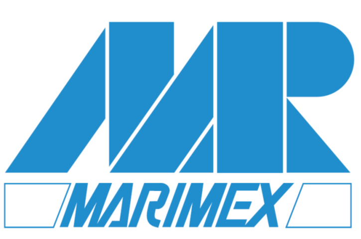 Marimex logo in blue with stylized text and two outlined boxes.