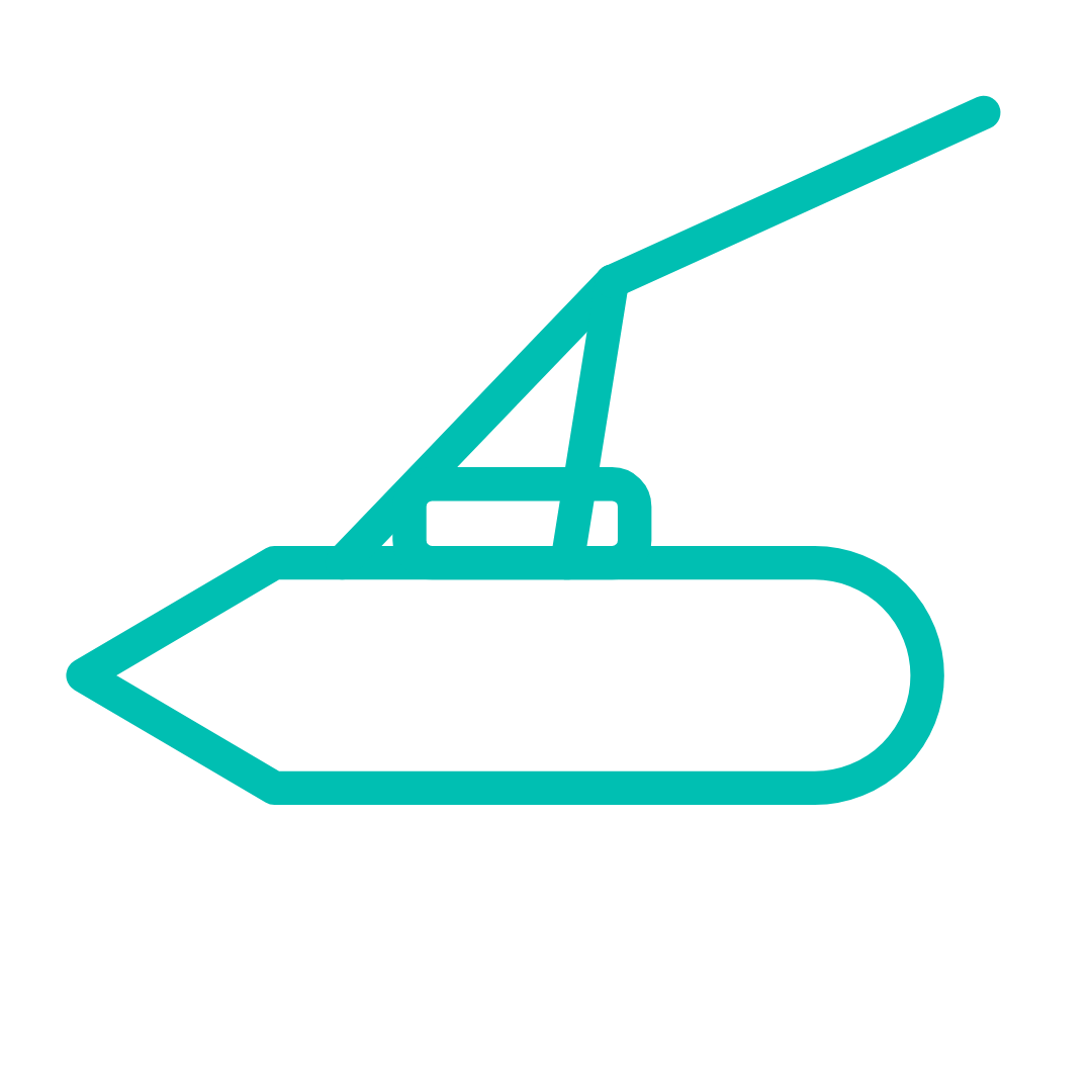 Digital icon of a towfish outline with a periscope on top, in teal color, on a black background.