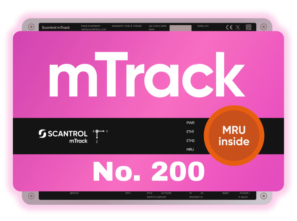 A pink electronic device labeled mTrack by ScanTron, with a black panel displaying status indicators and a round orange sticker that says "MRU inside".