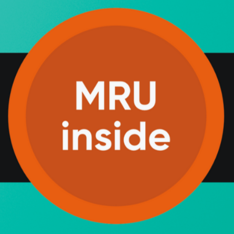 A circular badge with an orange border. Inside, the text reads "MRU inside" in white on a brown background. The badge is set against a teal background with a black horizontal stripe behind it.