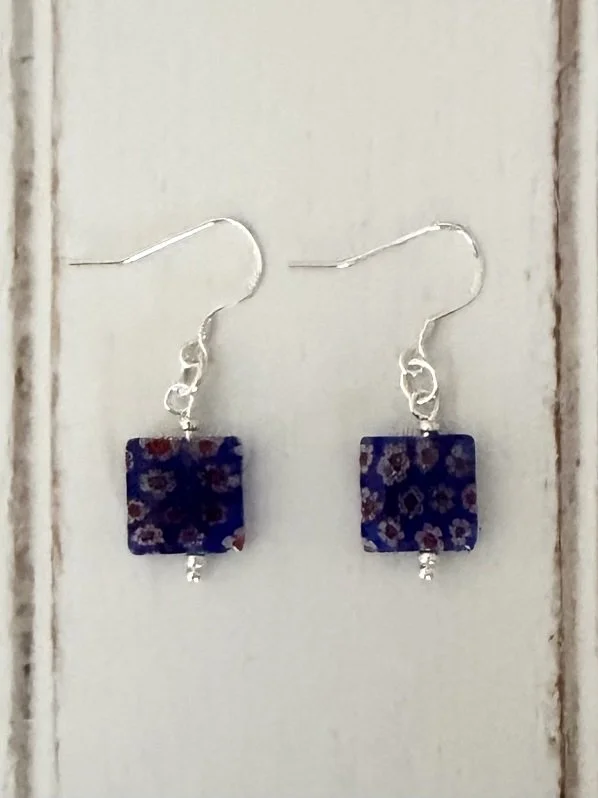 Blue and Red Millefiori Bead Earrings