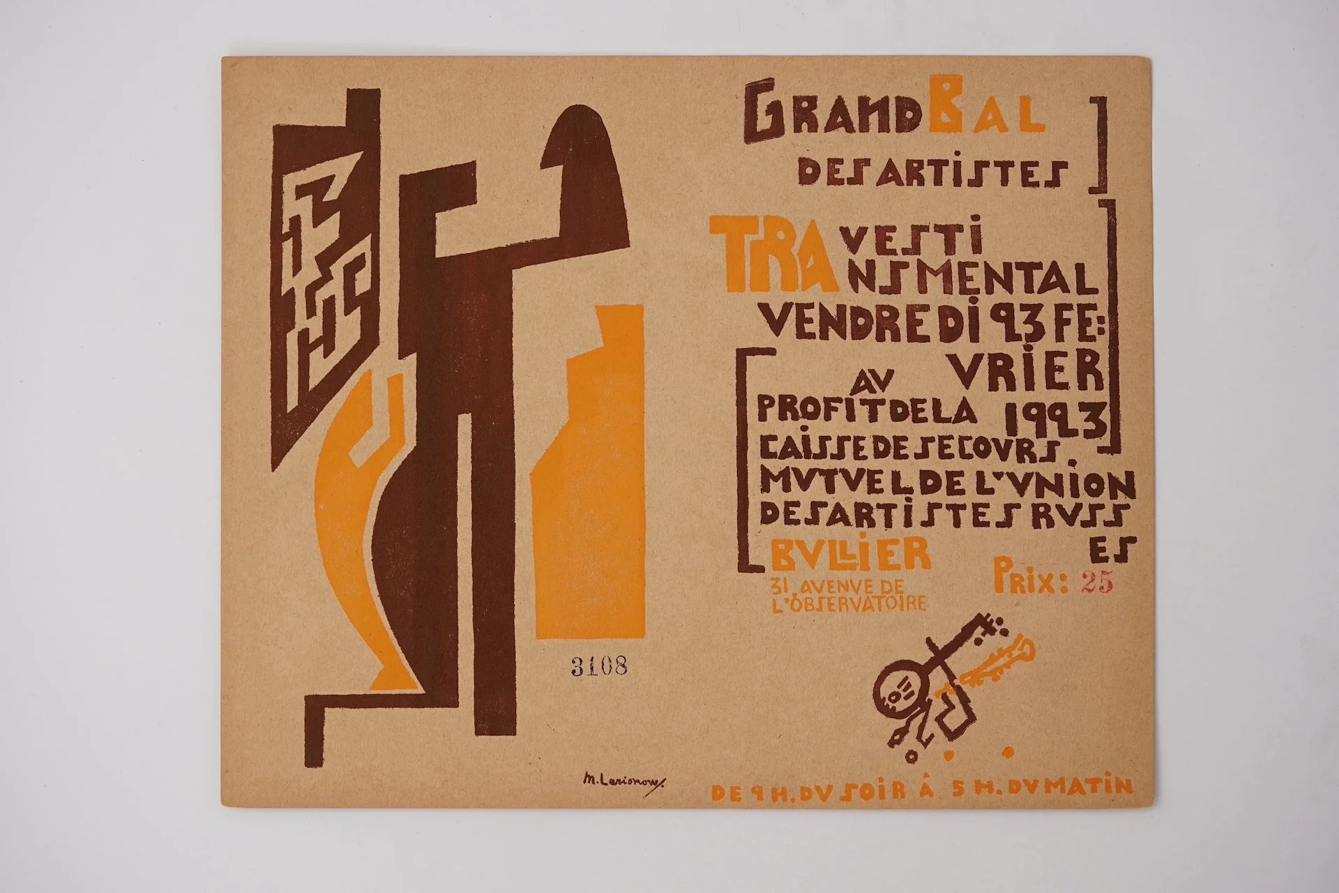 Colored Wood Cut Entry Ticket Grand Bal Des Artistes 1923 by Mikhail Fyodorovich Larionow : Michel Larionov 2904.JPG