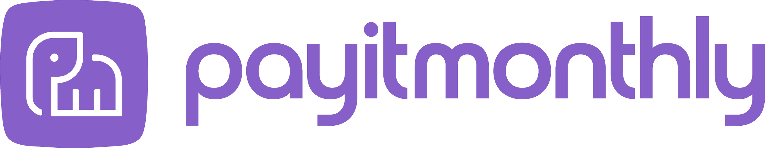 Facebook Pay logo with a purple square background, a black outline of a piggy bank with a dollar sign, and the word 'pay' in purple lowercase letters.
