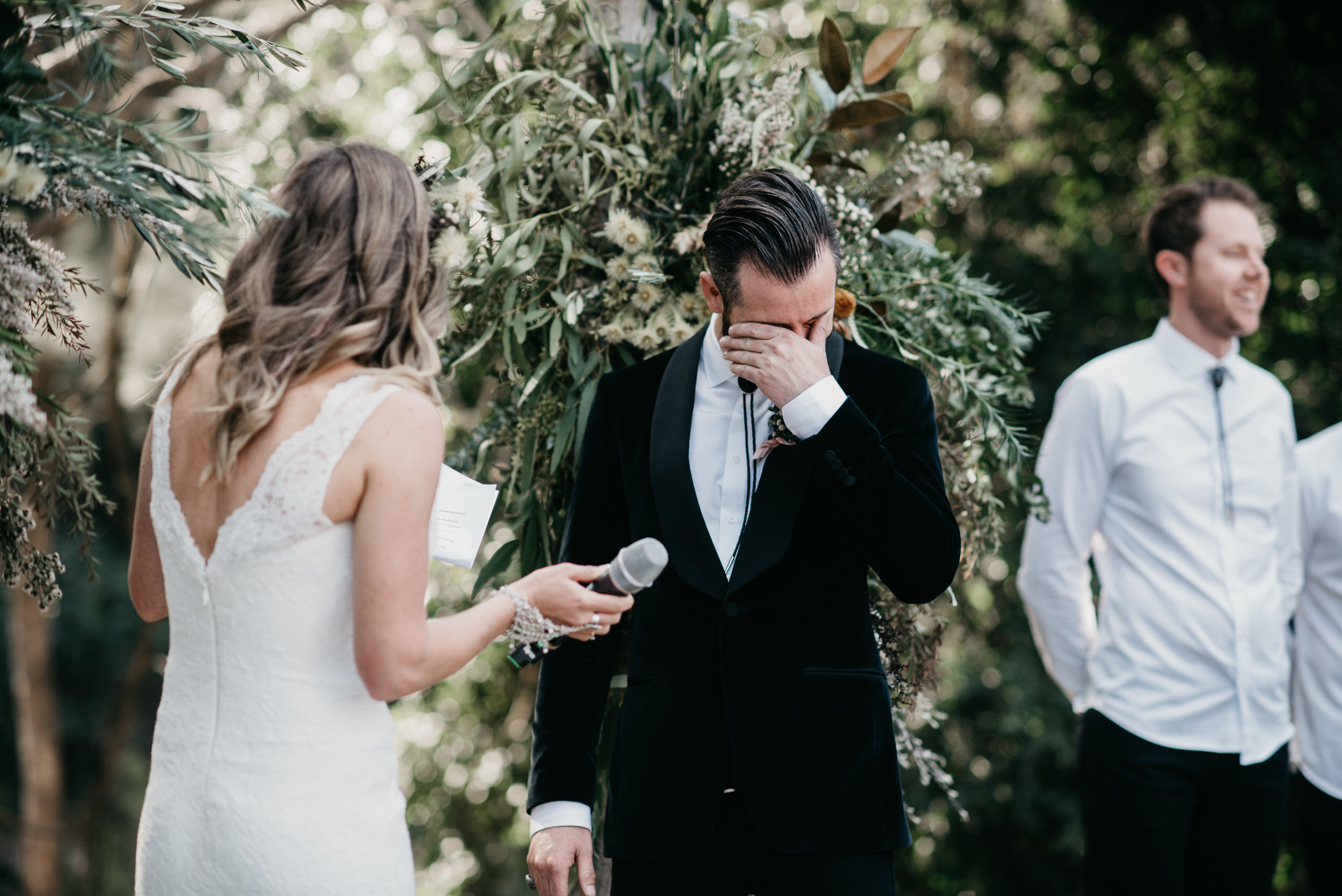 emotional groom during wedding ceremony - Yabbaloumba Retreat - Trent and Jessie photography and videography 