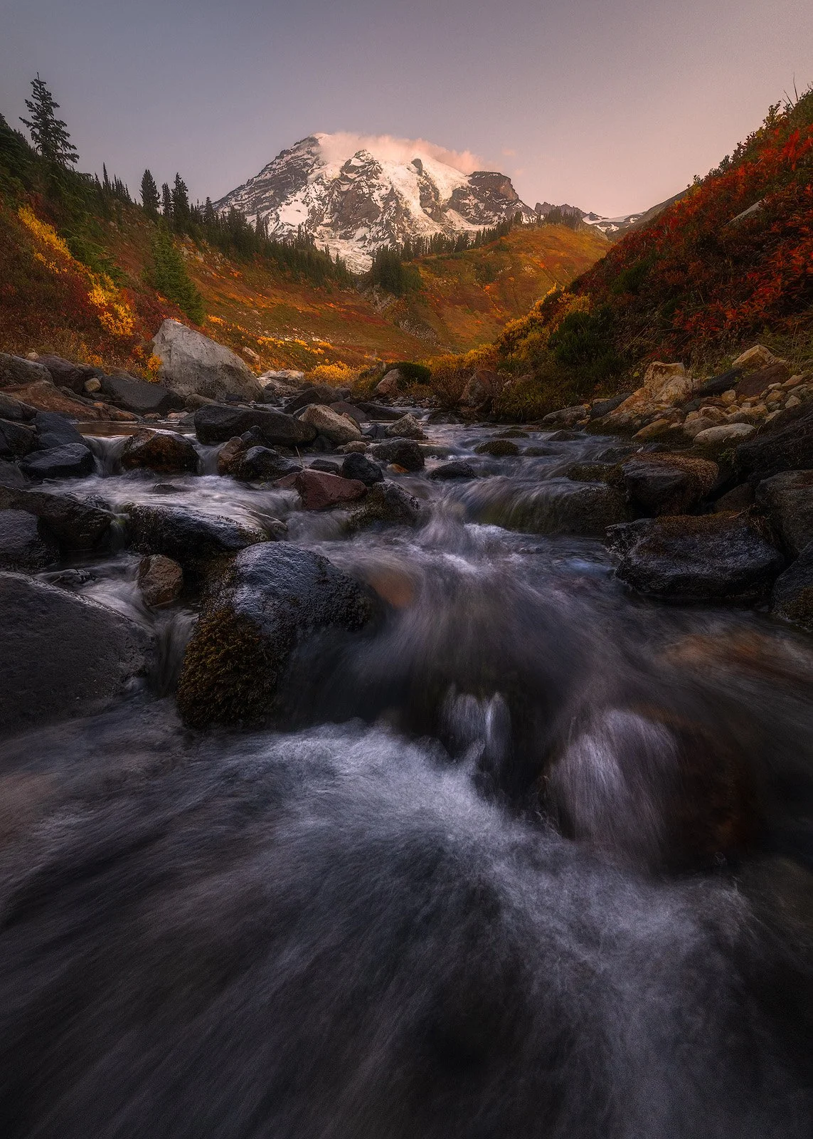 Mount Rainier in Autumn – Cascading Stream Below Fiery Fall Foliage and Snow-Capped Peak.jpg