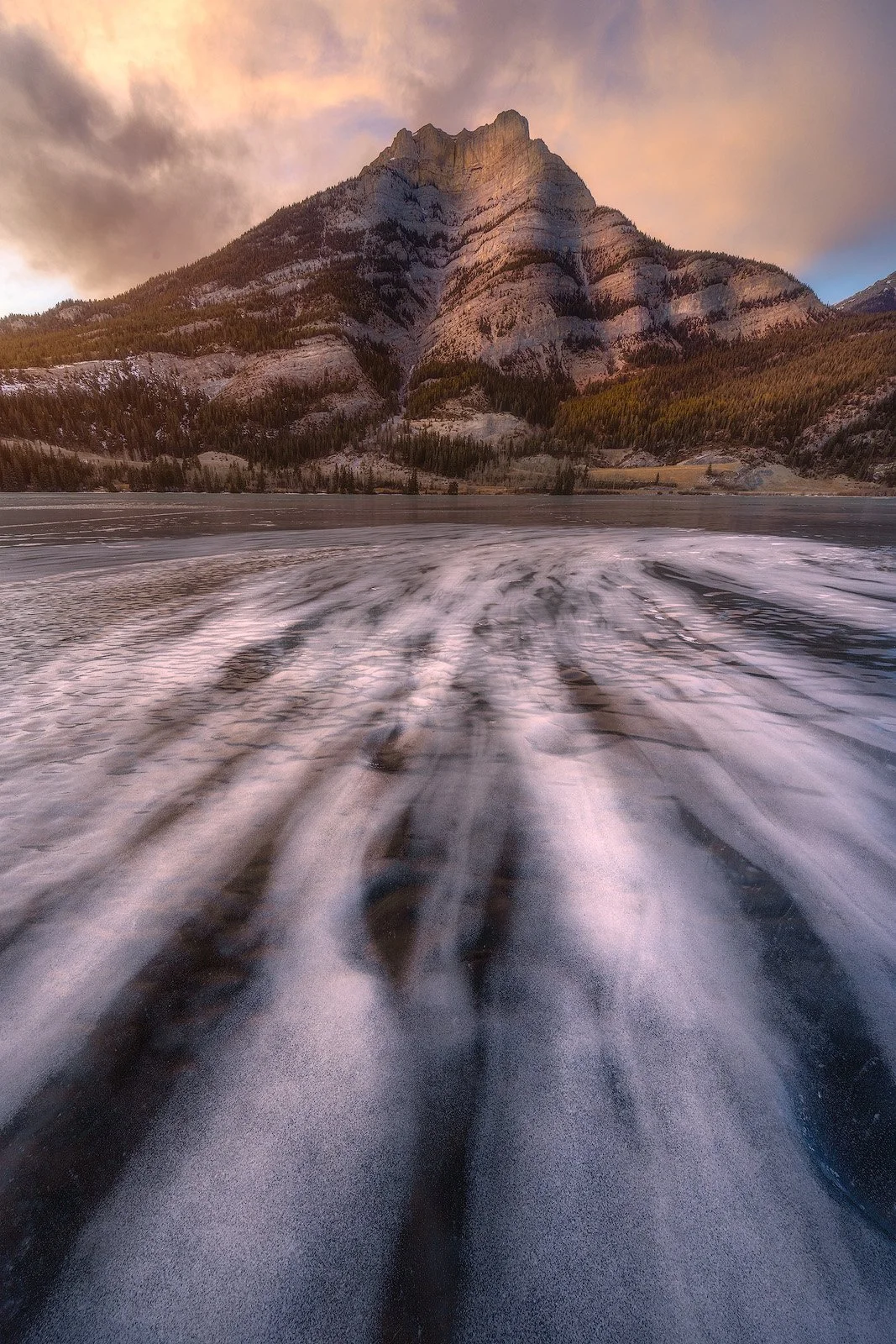 Gap Lake – Streaked Ice and Alpenglow Beneath Craggy Mountain in Canadian Rockies.jpg