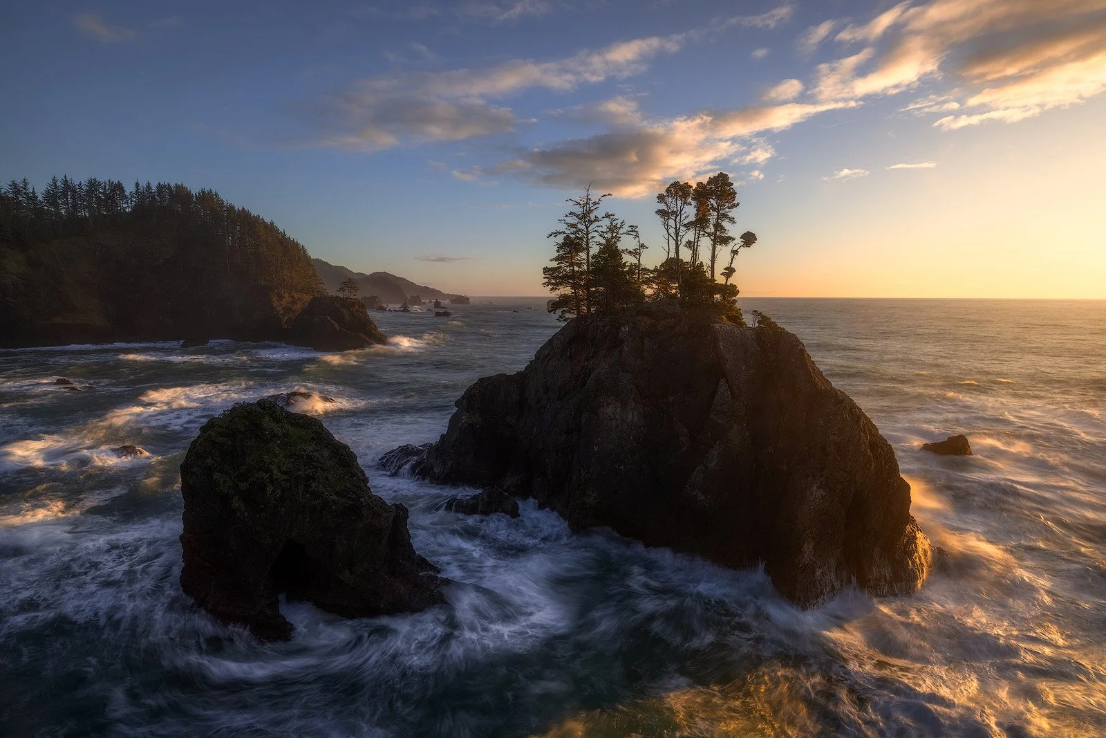Golden Sunset on Oregon Coast – Trees Perched on Sea Stacks Amid Turbulent Waves.jpg