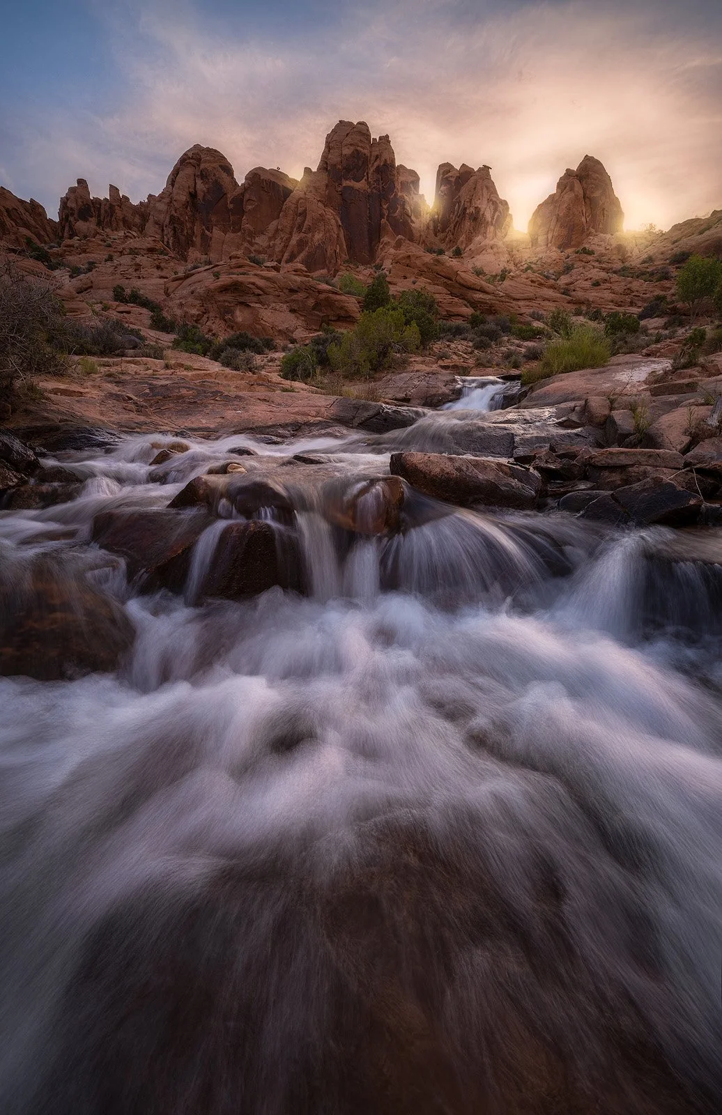 Waterfall at Sunrise in Utah’s Red Rock Desert – Arches Backcountry Stream.jpg
