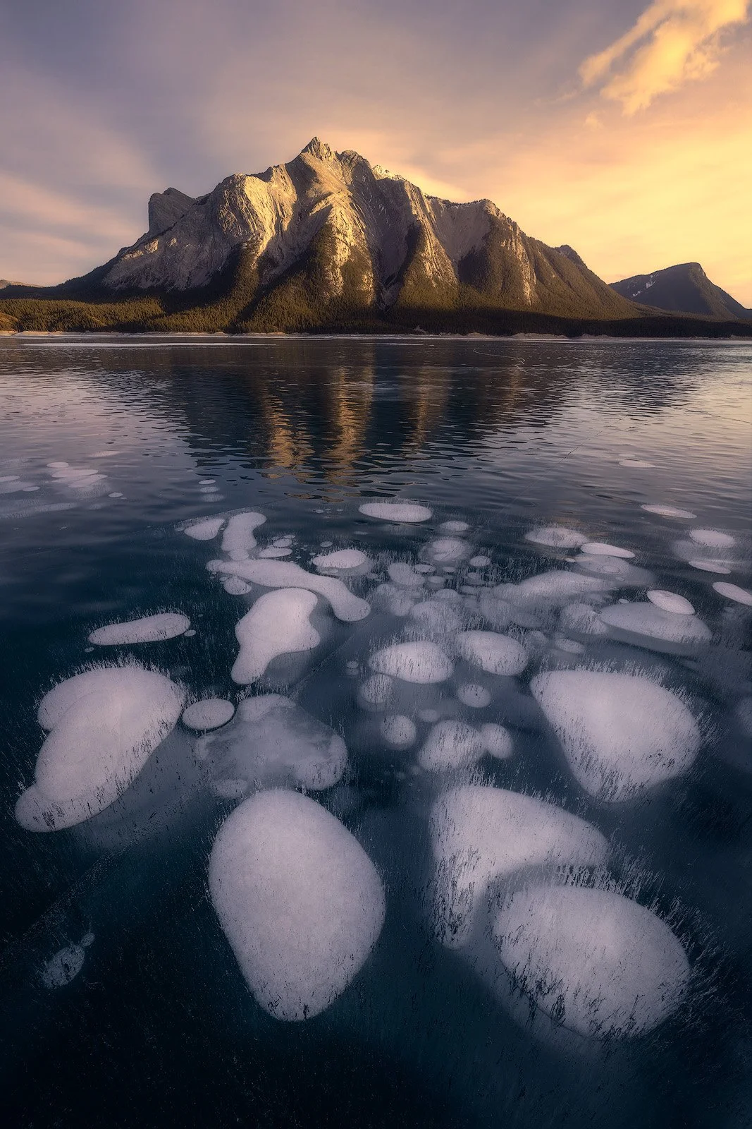 Abraham Lake – Frozen methane bubbles beneath ice at sunset in the Canadian Rockies.jpg