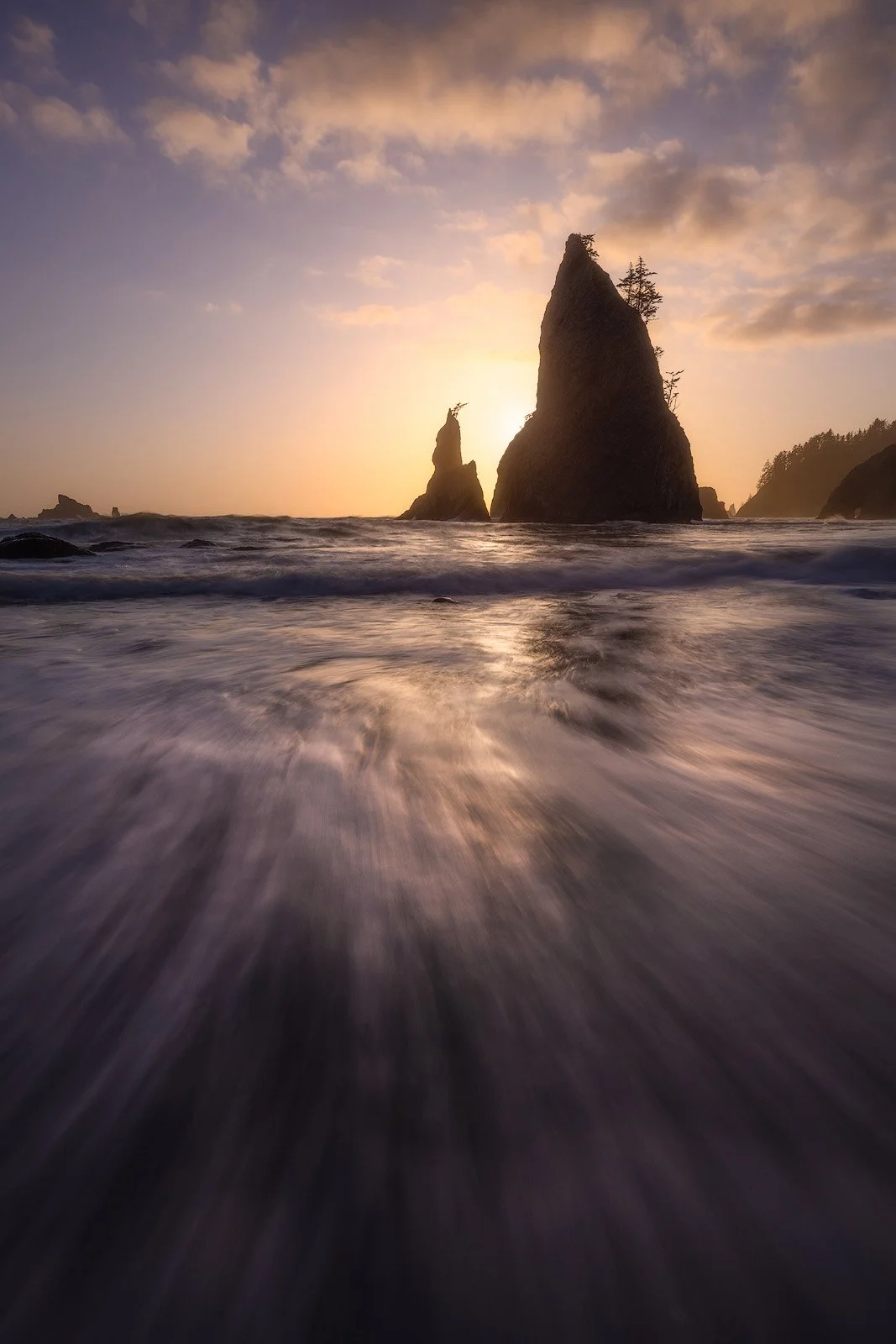 Rialto Beach Sunset – Sea Stacks Silhouetted by Golden Sky and Incoming Surf.jpg