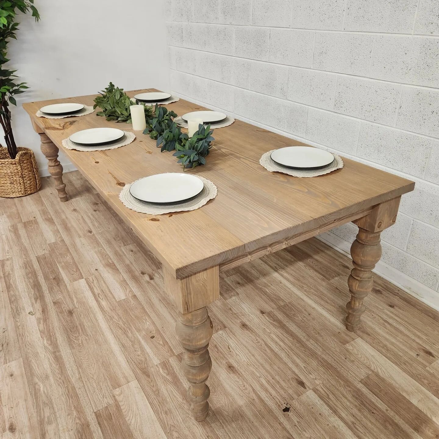The Sawyer table in construction grade pine with wood chip stain. Made in Nashville.