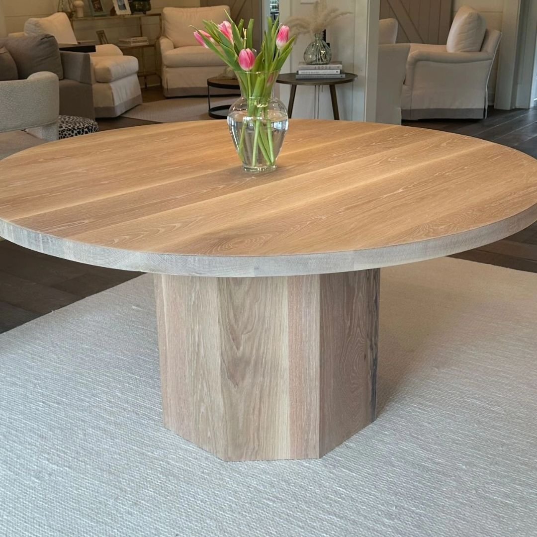 Beautiful white oak circle table with octagon base in a gorgeous home.