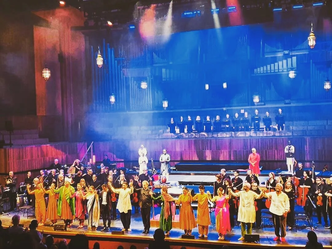 The cast and musicians of Ravi Shankar’s Sukanya with the London Philharmonic Orchestra at the Royal Festival Hall, London