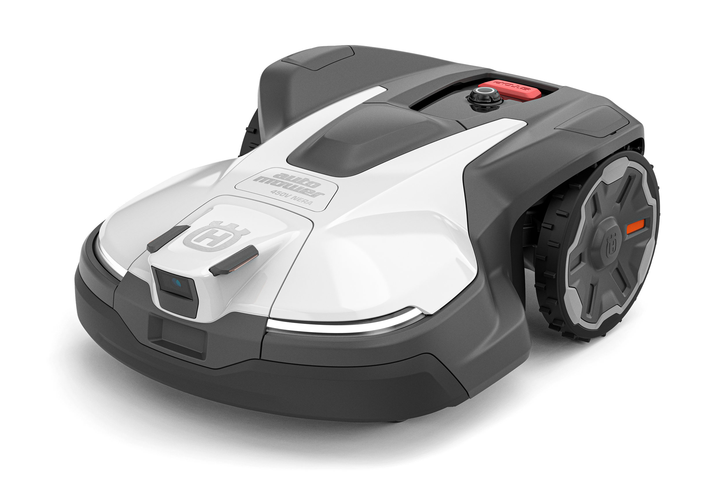 A robot vacuum cleaner with a black and white design and large grey wheels, set against a black background.