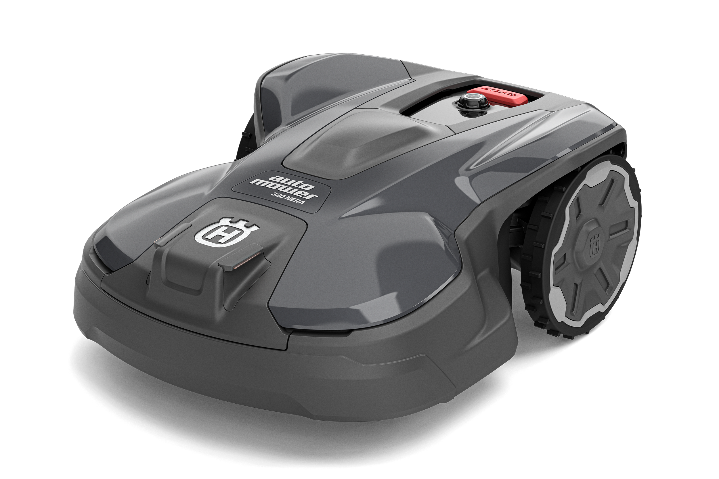 A robotic lawn mower with a gray body, large wheels, and a handle, labeled with 'auto nexo 320 MIRA' and the Husqvarna logo.