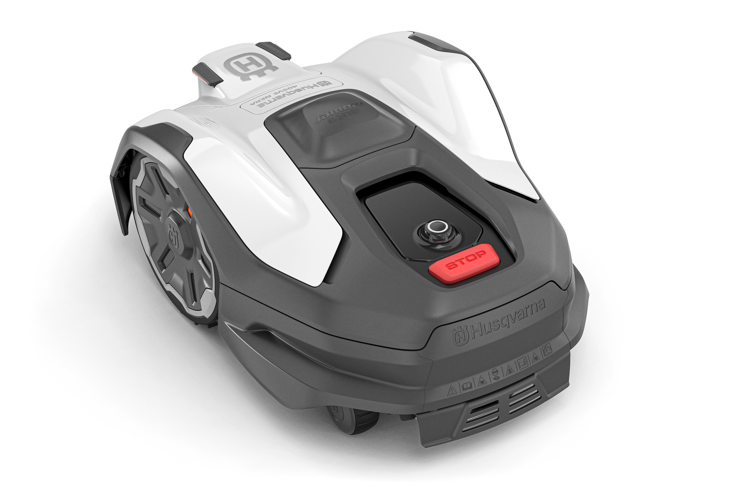 A robotic lawn mower with a white and gray body, a red stop button, and Husqvarna branding on the front.