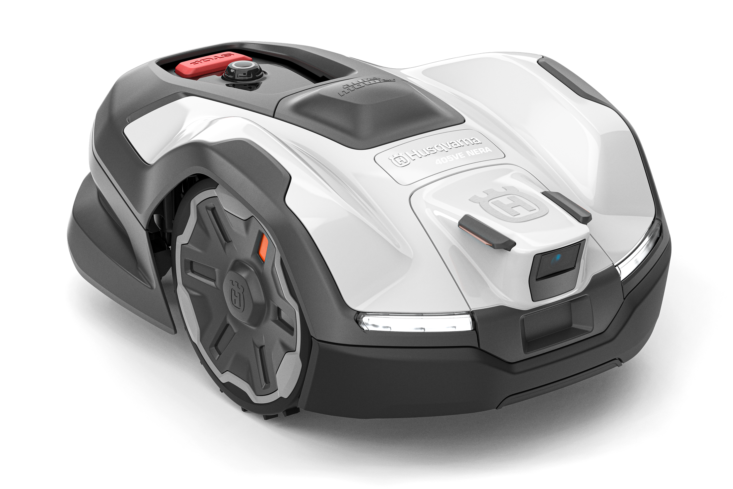Autonomous Husqvarna robotic lawn mower in white and gray with a red STOP button on top.