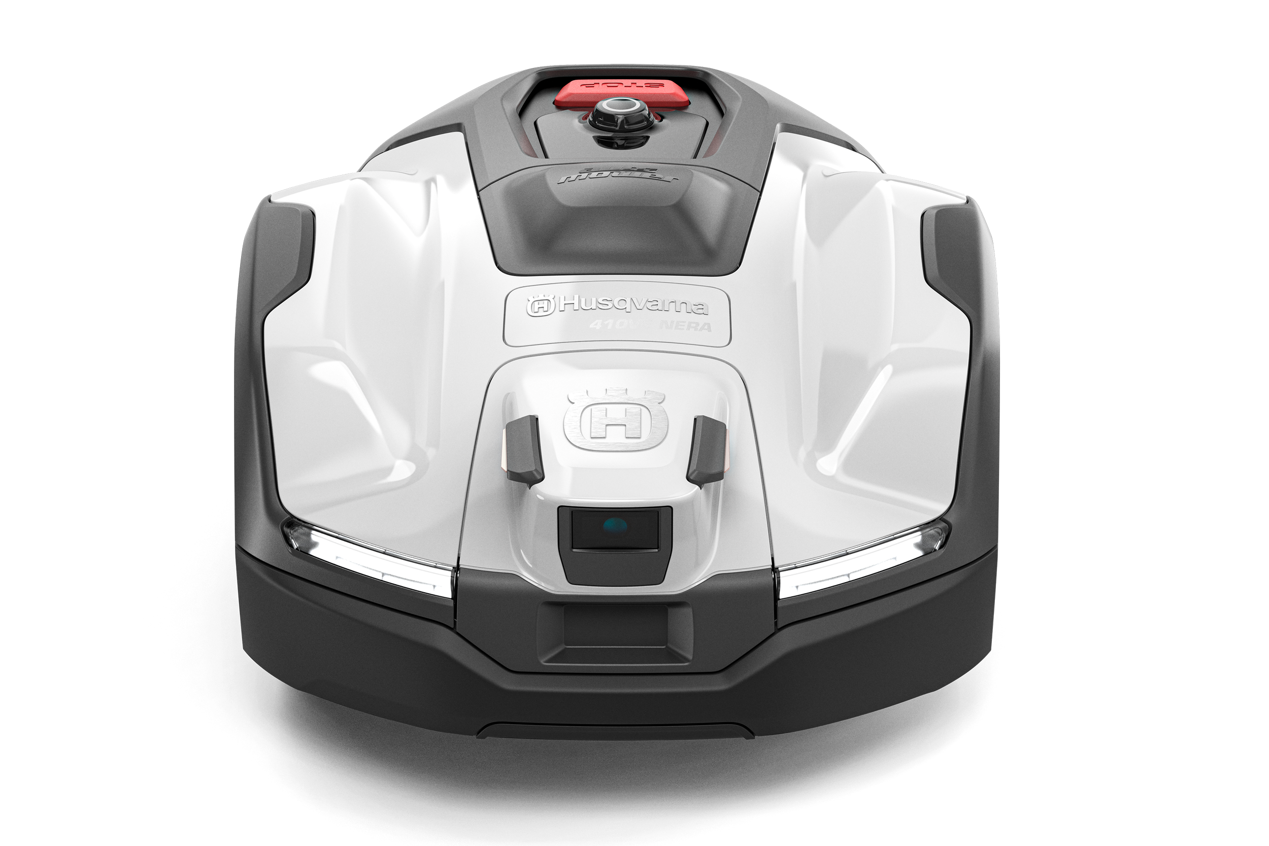 Front view of a Husqvarna robotic lawn mower with a white and black body and a red handle on top.